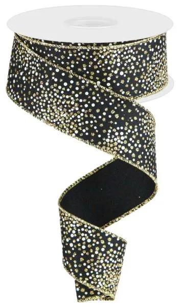 1.5"x10yd Glitter Dots/Diagonal Ribbon, Gold/Laser Gold/Black  JY18