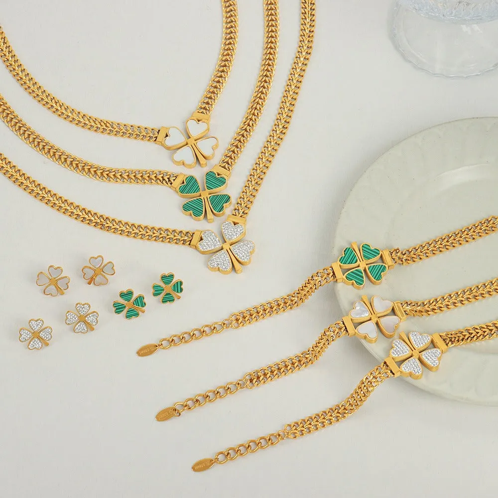 18K gold exquisite and fashionable four-leaf clover flower inlaid with gemstone design pastoral style necklace bracelet earrings set