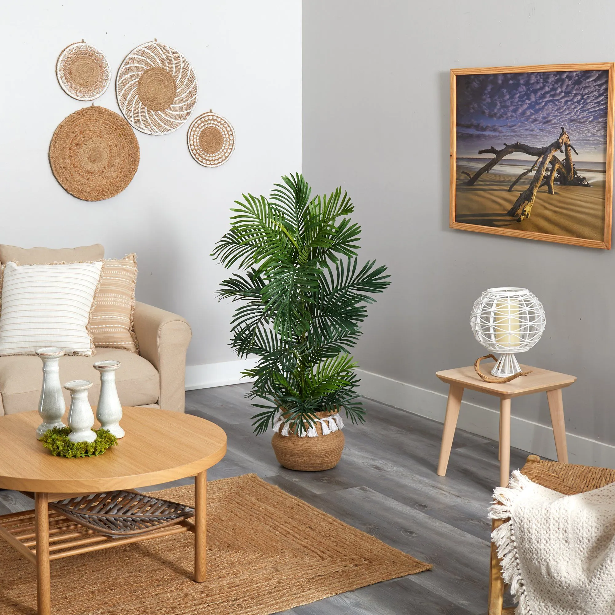 4’ Areca Palm Tree in Boho Chic Handmade Natural Cotton Woven Planter with Tassels UV Resistant