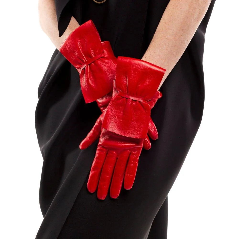 Alabama - Women's Silk Lined Leather Gloves with Bow Detail