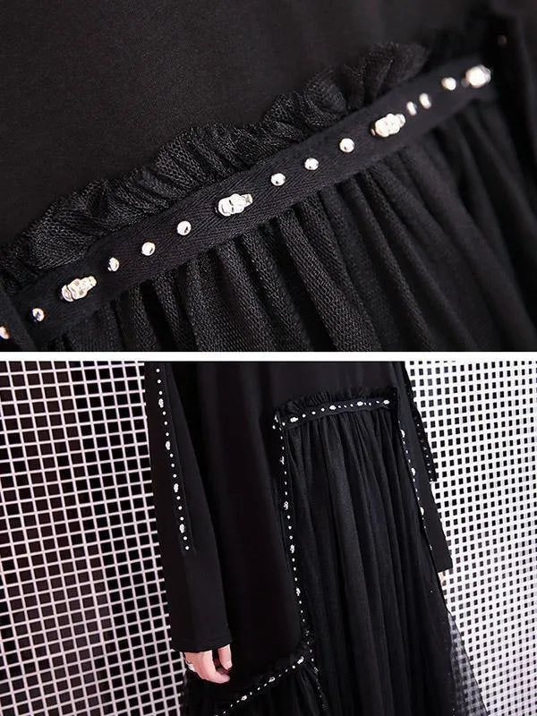 Black Loose Rivet Gauze Splicing Dress