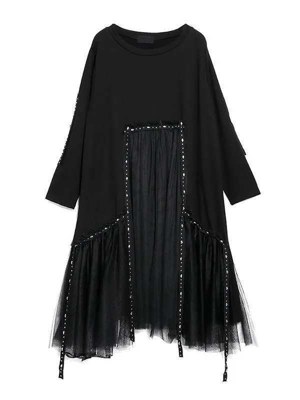 Black Loose Rivet Gauze Splicing Dress