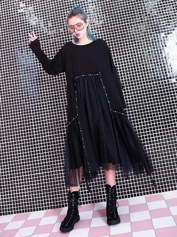 Black Loose Rivet Gauze Splicing Dress