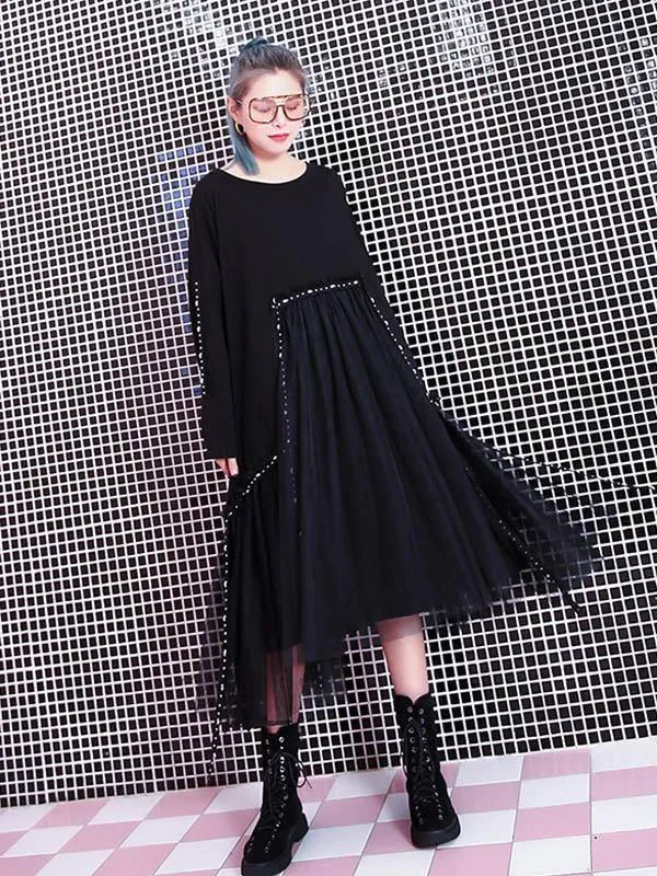 Black Loose Rivet Gauze Splicing Dress