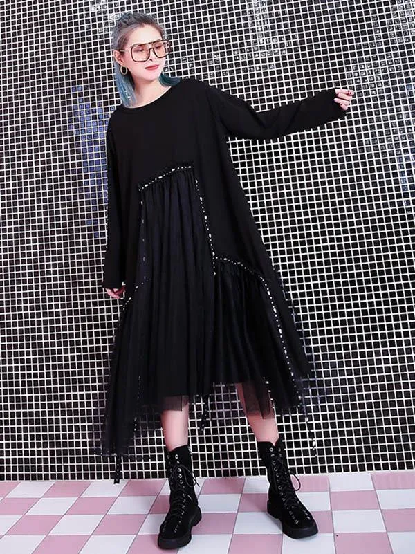 Black Loose Rivet Gauze Splicing Dress