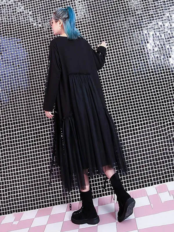 Black Loose Rivet Gauze Splicing Dress