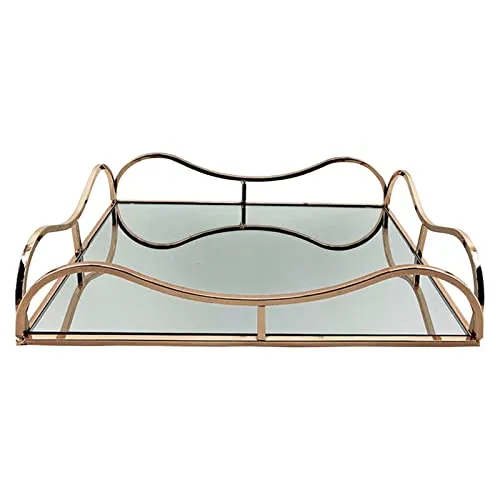 CALANDIS Gold Metal Rectangle Shape Serving/Dressing Table Tray with Mirror Glass