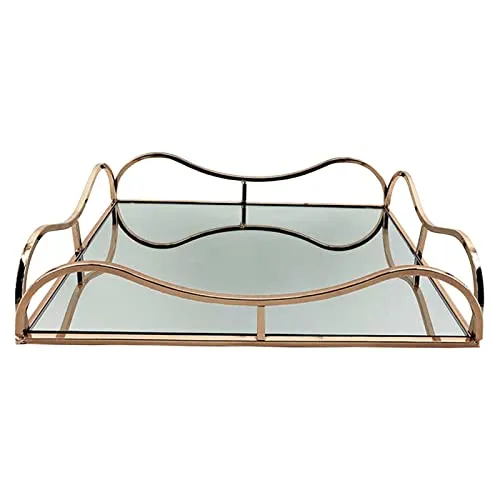 CALANDIS Gold Metal Rectangle Shape Serving/Dressing Table Tray with Mirror Glass