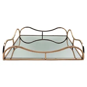 CALANDIS Gold Metal Rectangle Shape Serving/Dressing Table Tray with Mirror Glass