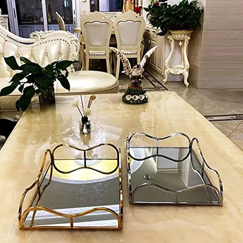 CALANDIS Gold Metal Rectangle Shape Serving/Dressing Table Tray with Mirror Glass