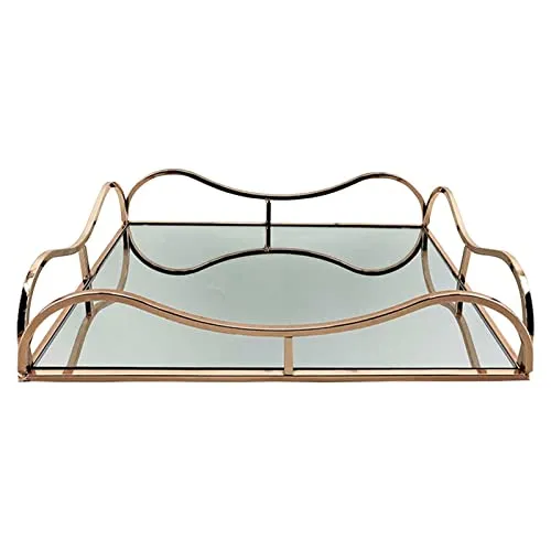 CALANDIS Gold Metal Rectangle Shape Serving/Dressing Table Tray with Mirror Glass