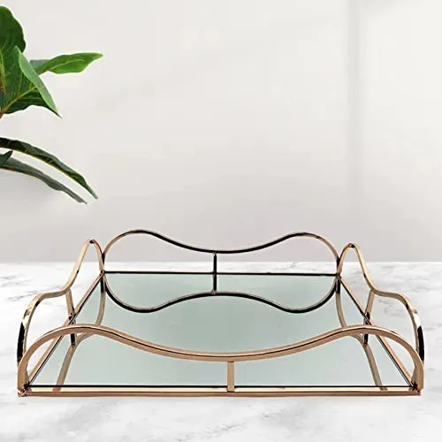 CALANDIS Gold Metal Rectangle Shape Serving/Dressing Table Tray with Mirror Glass