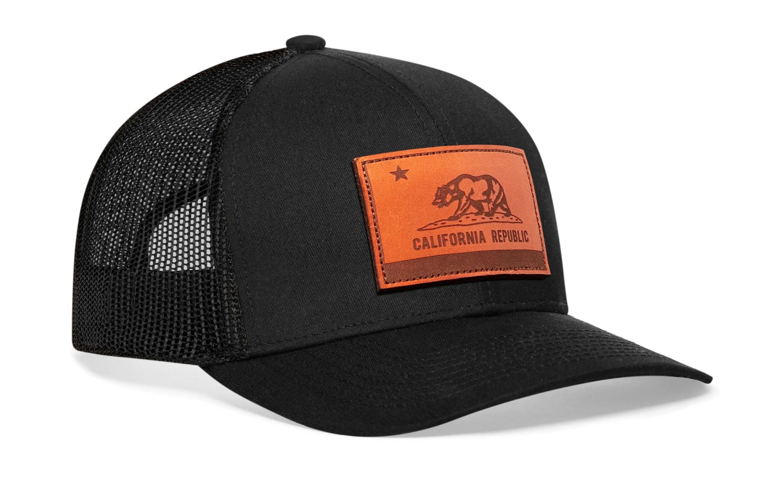 California Flag Trucker Hat Leather  |  Black CA Snapback