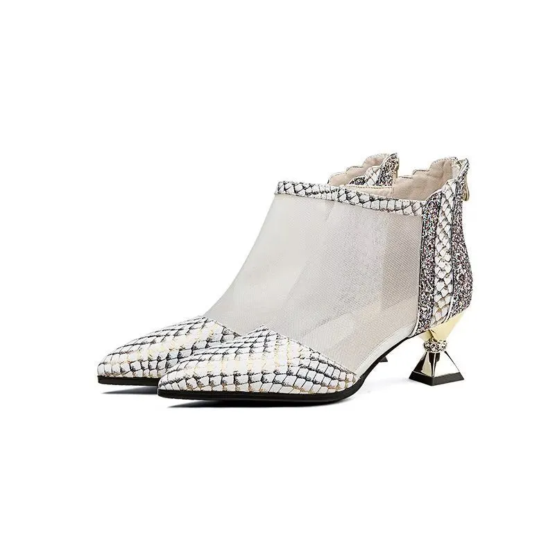 Chic Exotic Mesh Pointed Toe Heeled Boots