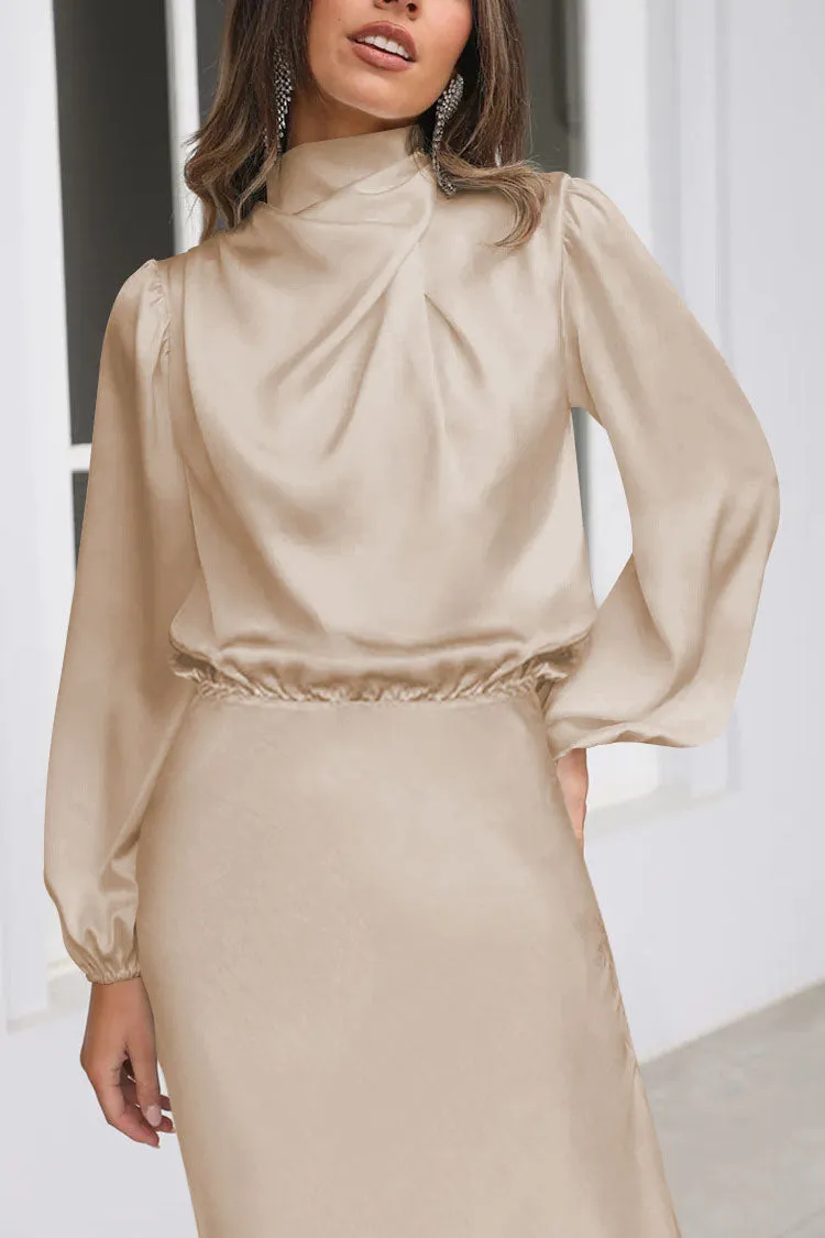 Chic Satin Long Sleeve Midi High Neck Dress