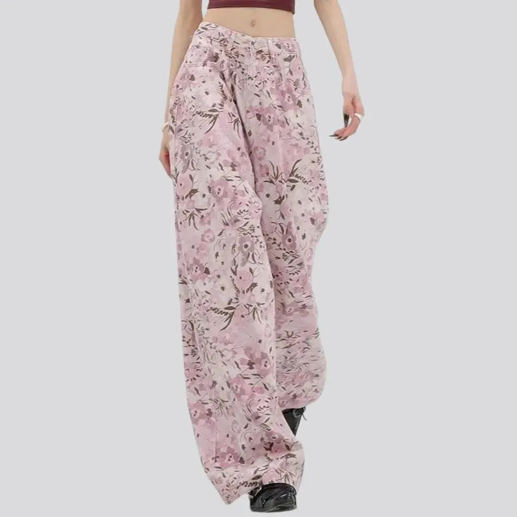 Fashionable painted floral baggy denim for women