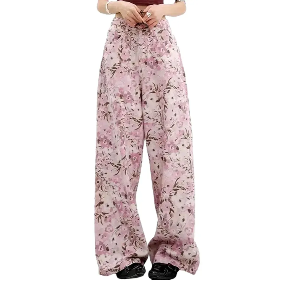 Fashionable painted floral baggy denim for women