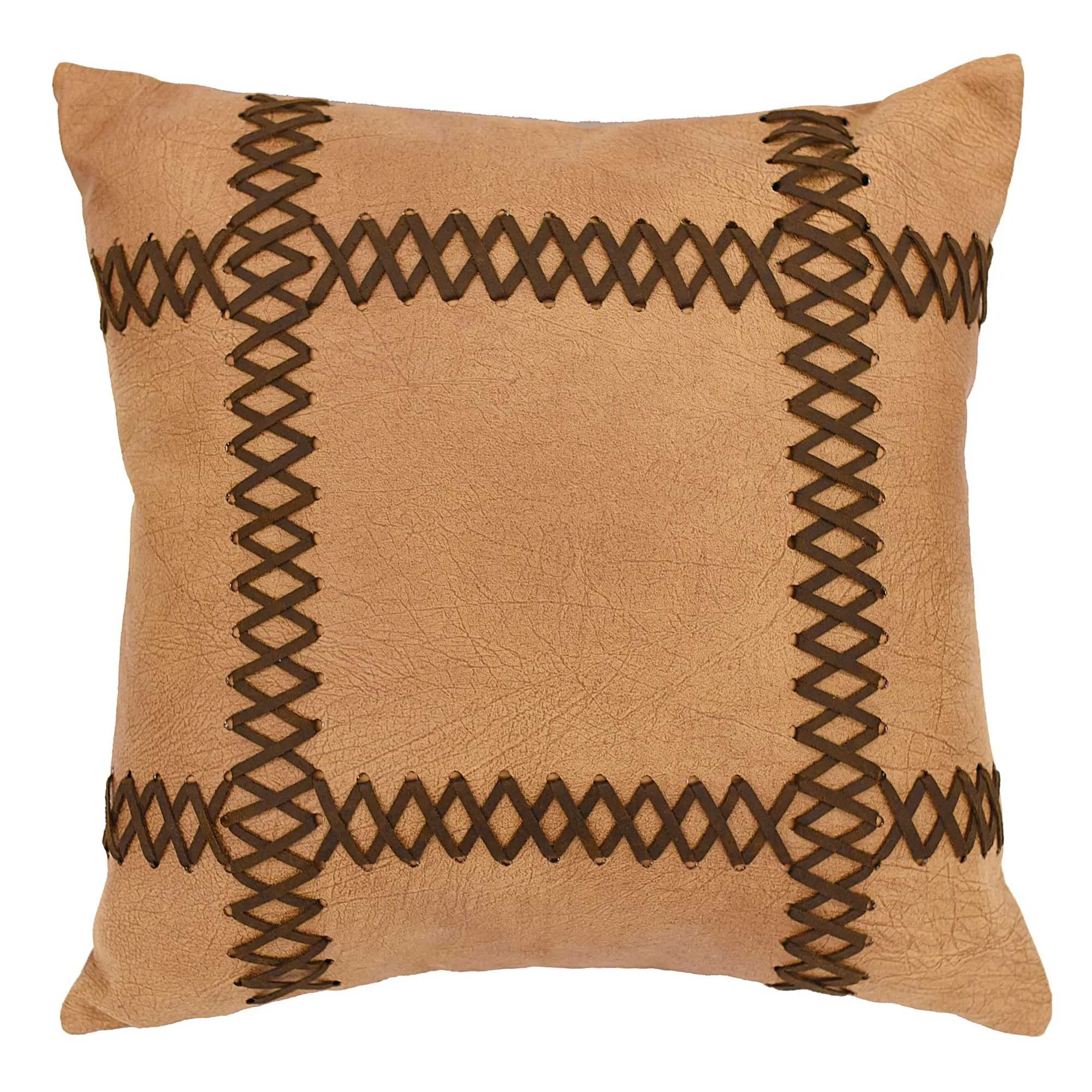 Faux Leather-Stitched Decorative Throw Pillow, 18 x 18