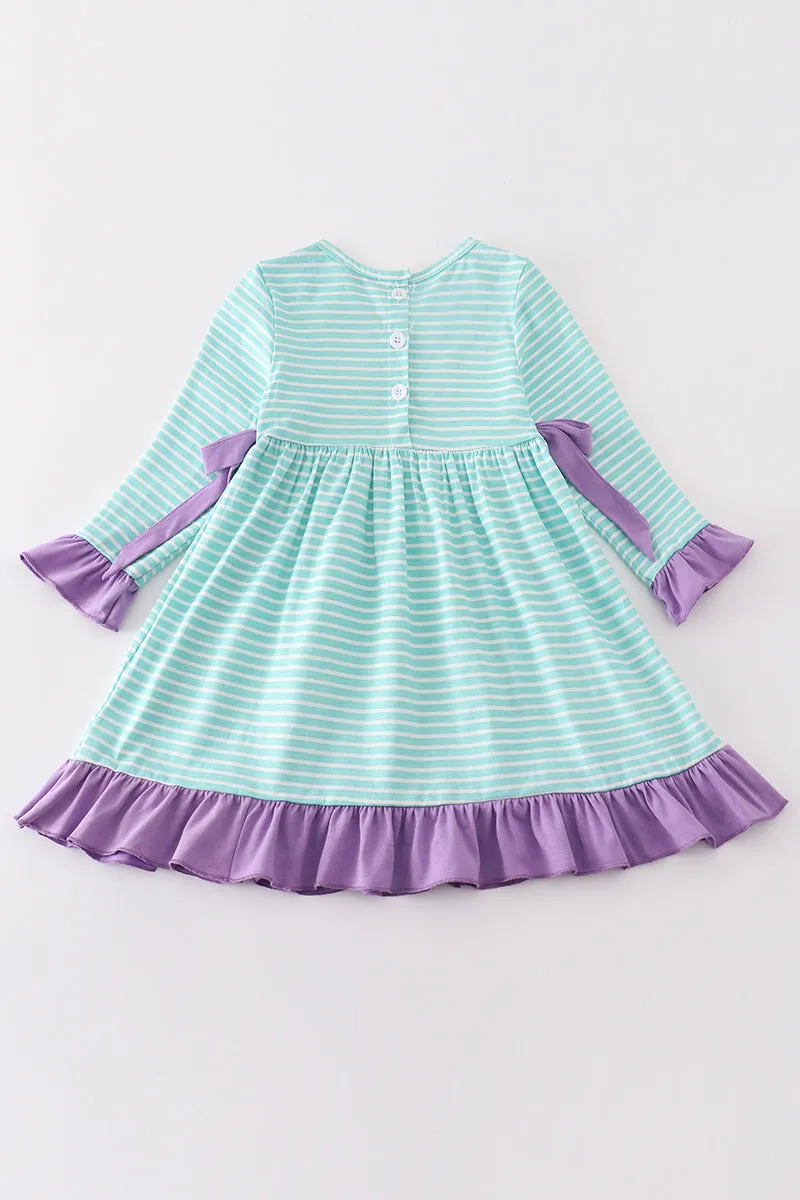 Green stripe princess embroidery girl dress