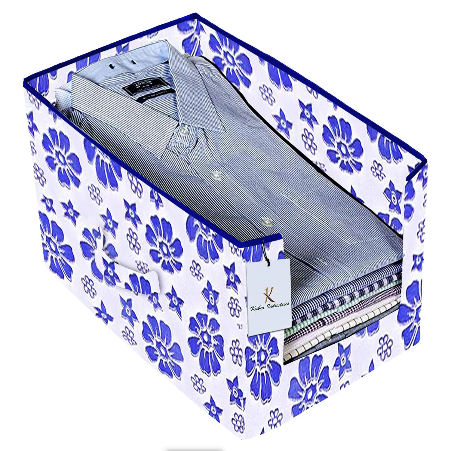 Heart Home Flower Printed 6 Piece Non Woven Shirt Stacker Cloth Organizer for Storage, (Royal Blue) - CTHH018333