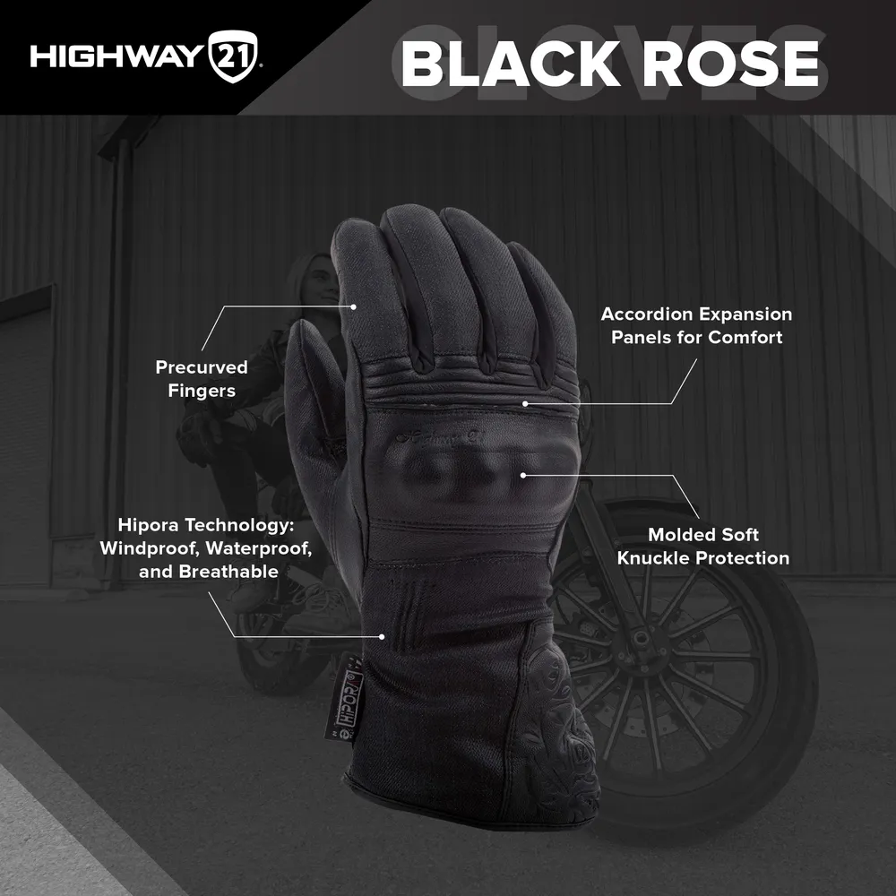 Highway 21 Women's Black Rose Motorcycle Riding Gloves