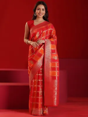 Jashvi Art Orange Woven Design Satin Saree With Unstitched  Blouse Piece