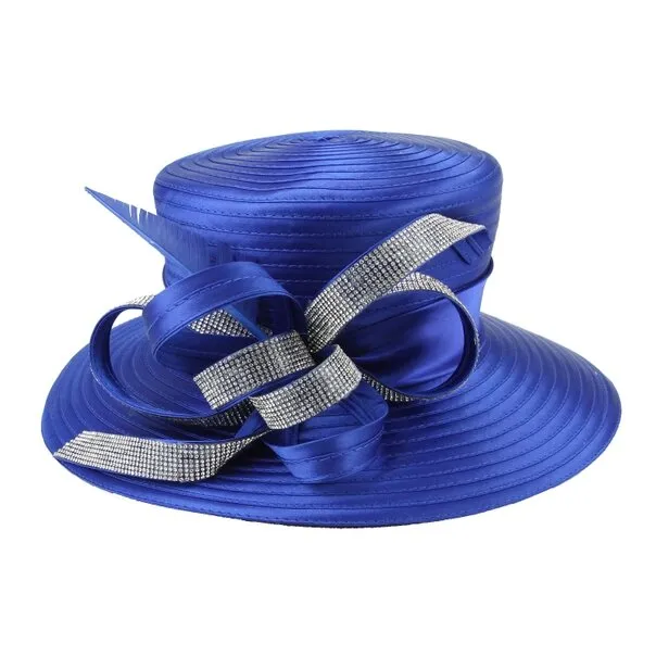 Jayda | Rhinestone Ribbon w/ Feather Satin Braid Boater Hat