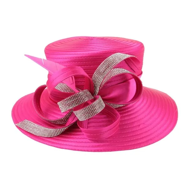 Jayda | Rhinestone Ribbon w/ Feather Satin Braid Boater Hat