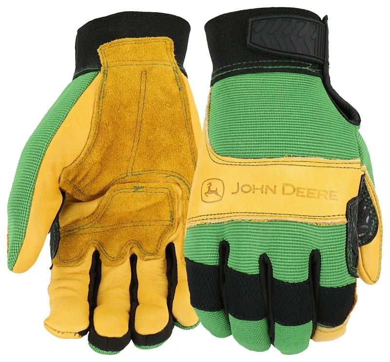 John Deere JD00009-L Gloves, Men's, L, Reinforced Thumb, Hook and Loop Cuff, Spandex Back, Green/Yellow :PR: QUANTITY: 1