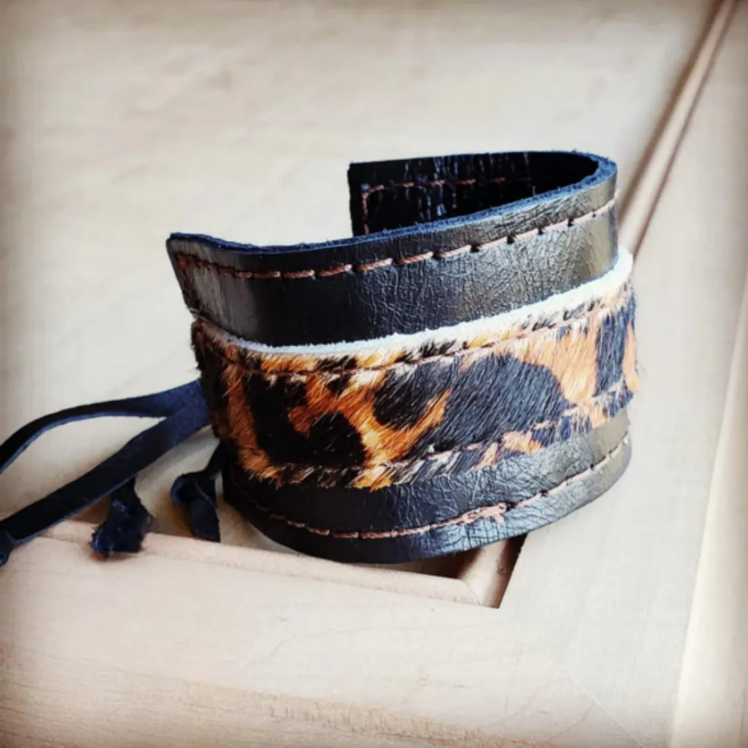 Leather Cuff with adjustable Tie in Black and Leopard Print