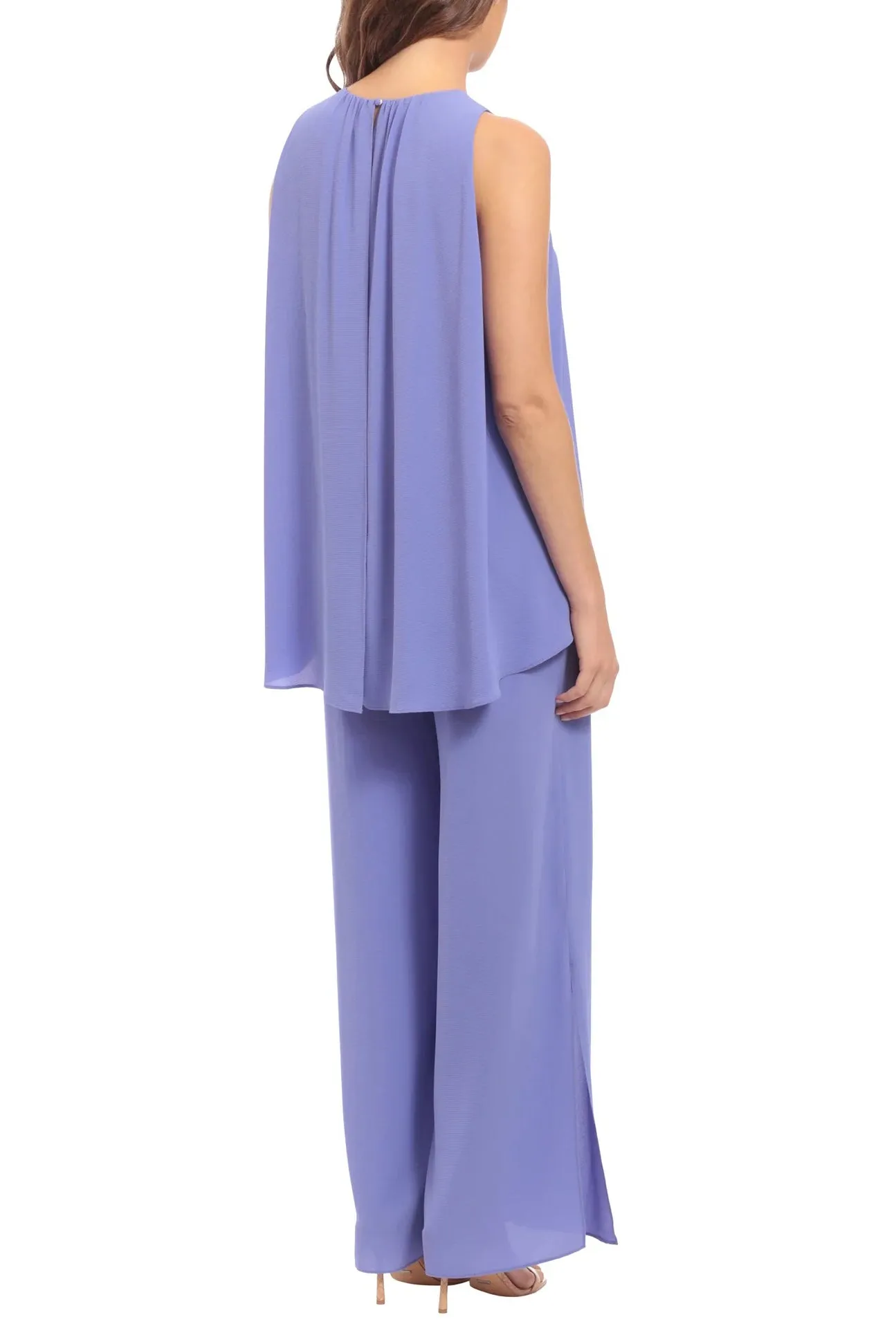 London Times Crew Neck Sleeveless Popover Side Slit Crepe Jumpsuit