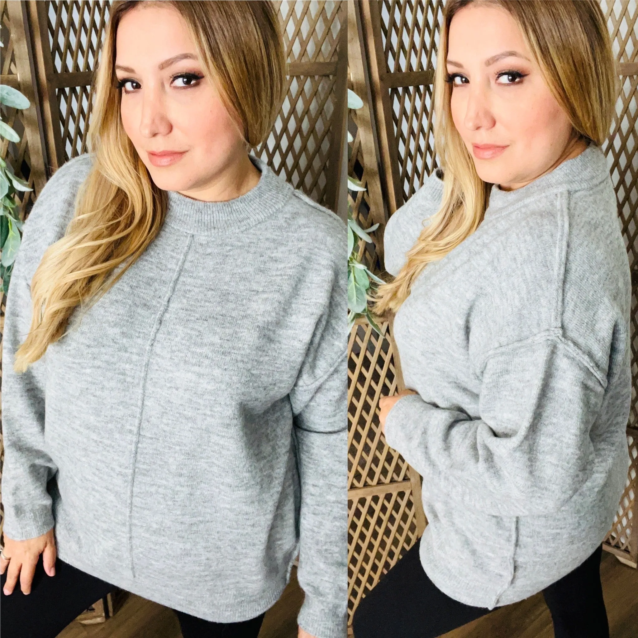 Melange Front Seam Round Neck Sweater: Grey