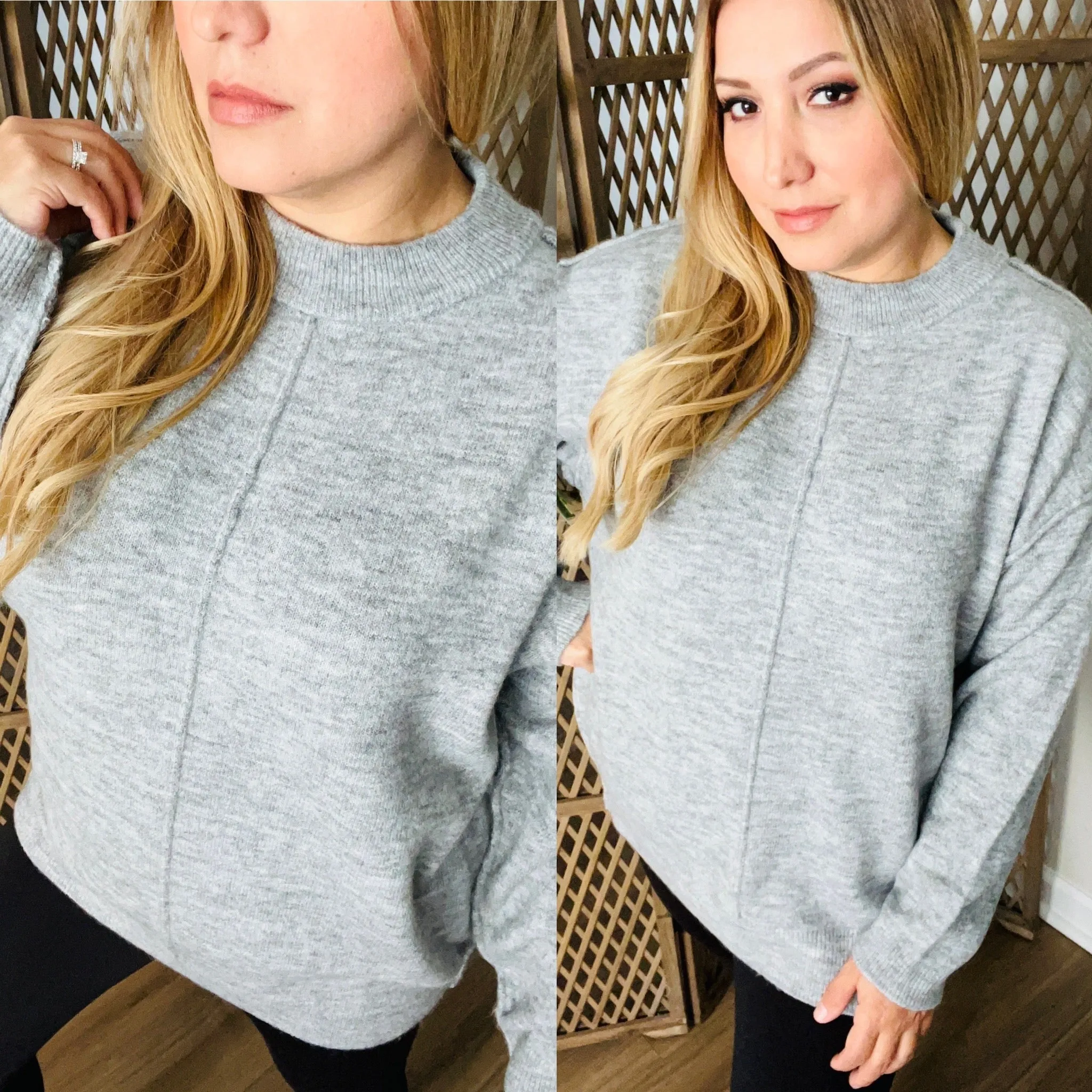 Melange Front Seam Round Neck Sweater: Grey