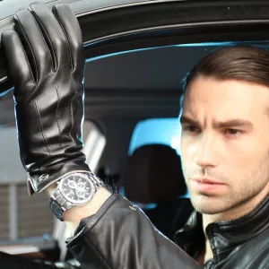 Men's Black Cashmere Winter Leather Gloves