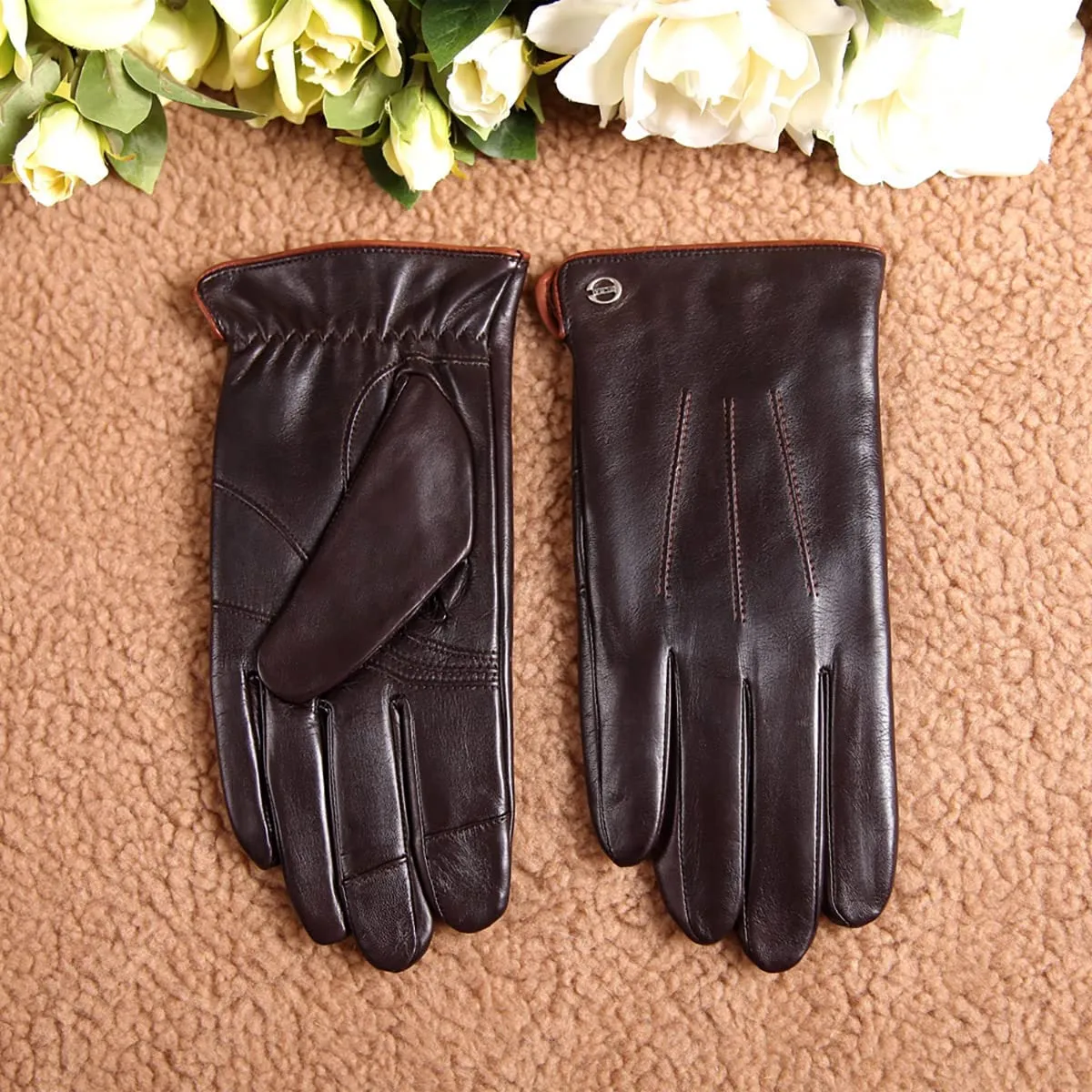 Men's Brown Cashmere Lining Winter Leather Gloves