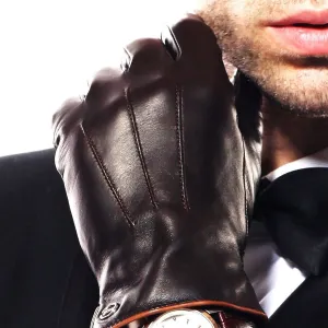 Men's Brown Fleece Lining Winter Leather Gloves