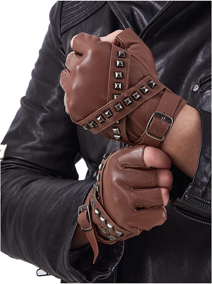 Men's Brown Leather Motorcycle Driver Gloves Sheepskin for Men