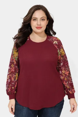 Raglan Stylish Lace Floral Long Sleeves Shirt