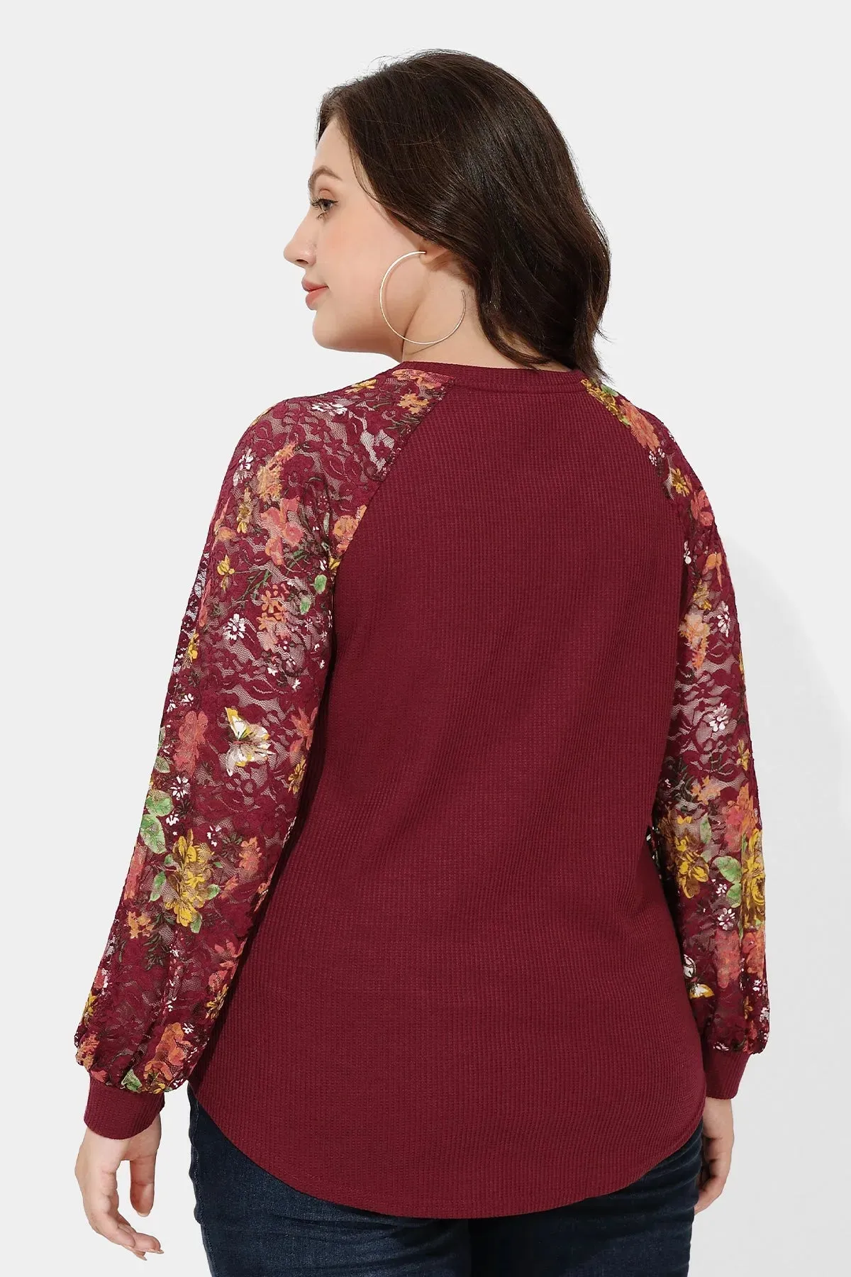 Raglan Stylish Lace Floral Long Sleeves Shirt