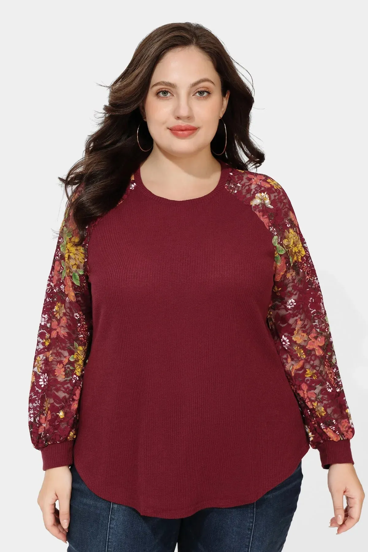 Raglan Stylish Lace Floral Long Sleeves Shirt