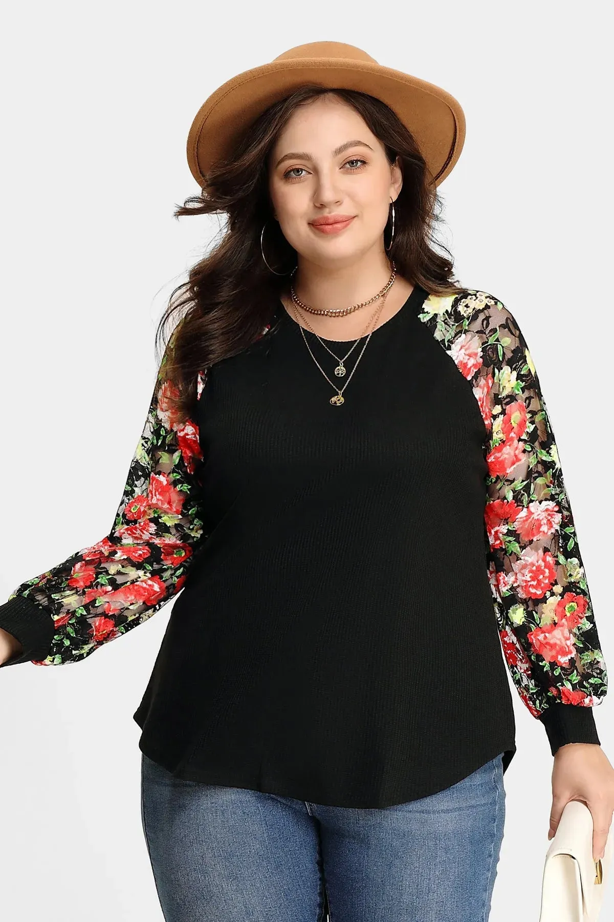 Raglan Stylish Lace Floral Long Sleeves Shirt