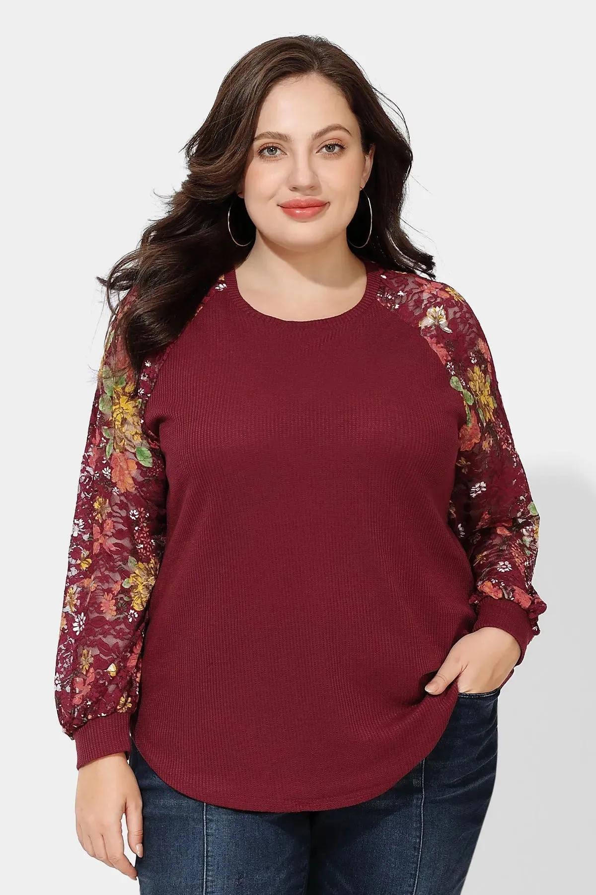 Raglan Stylish Lace Floral Long Sleeves Shirt