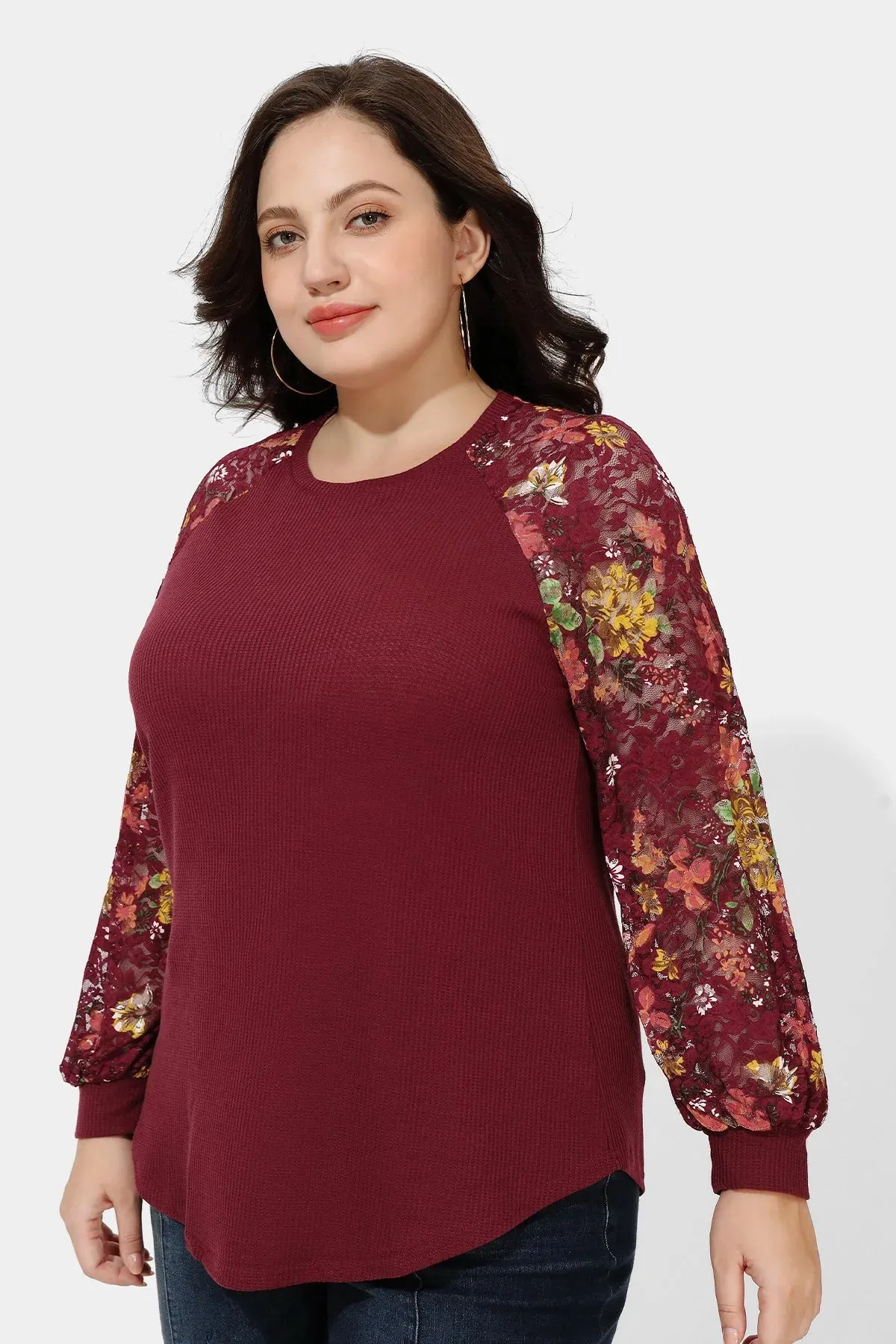 Raglan Stylish Lace Floral Long Sleeves Shirt