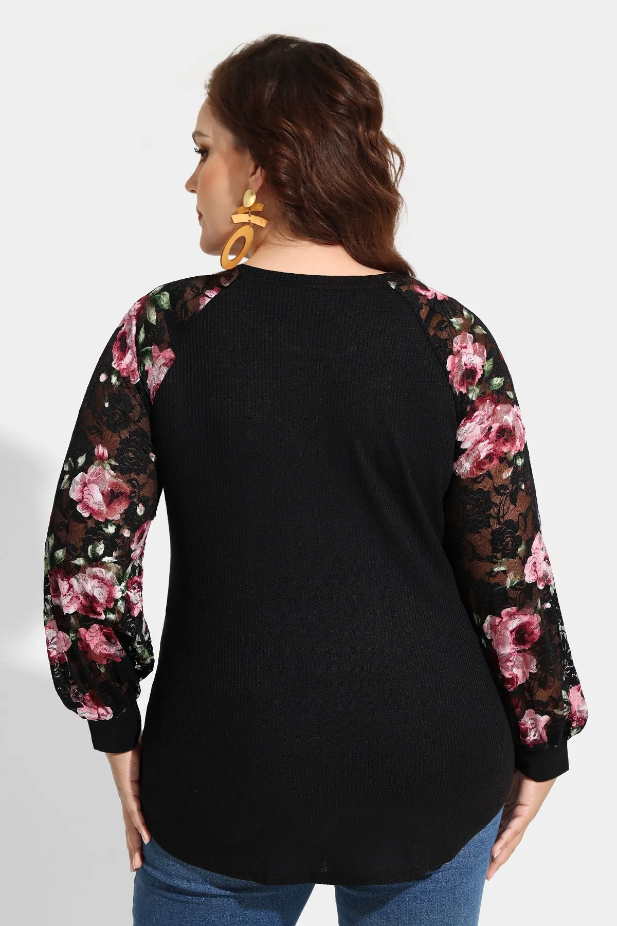 Raglan Stylish Lace Floral Long Sleeves Shirt