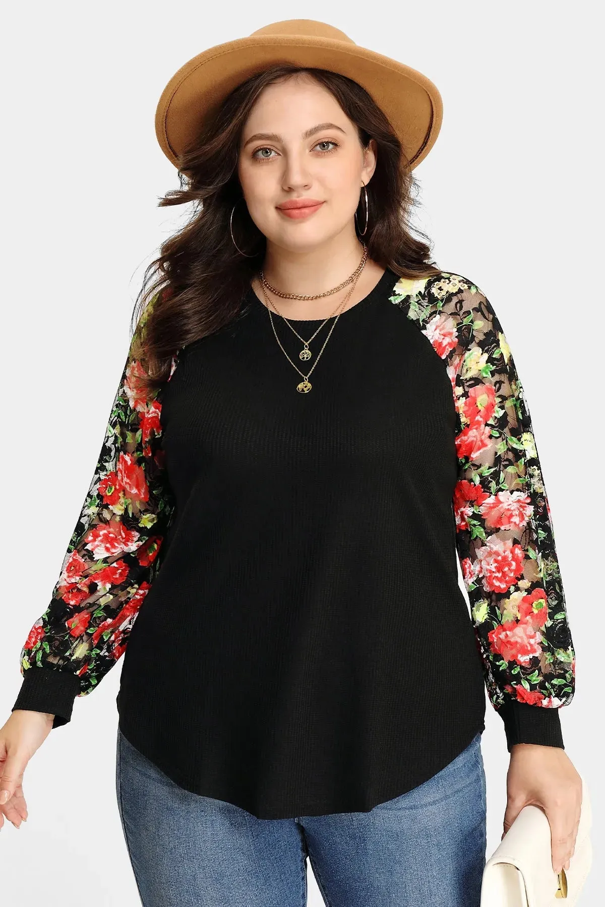 Raglan Stylish Lace Floral Long Sleeves Shirt