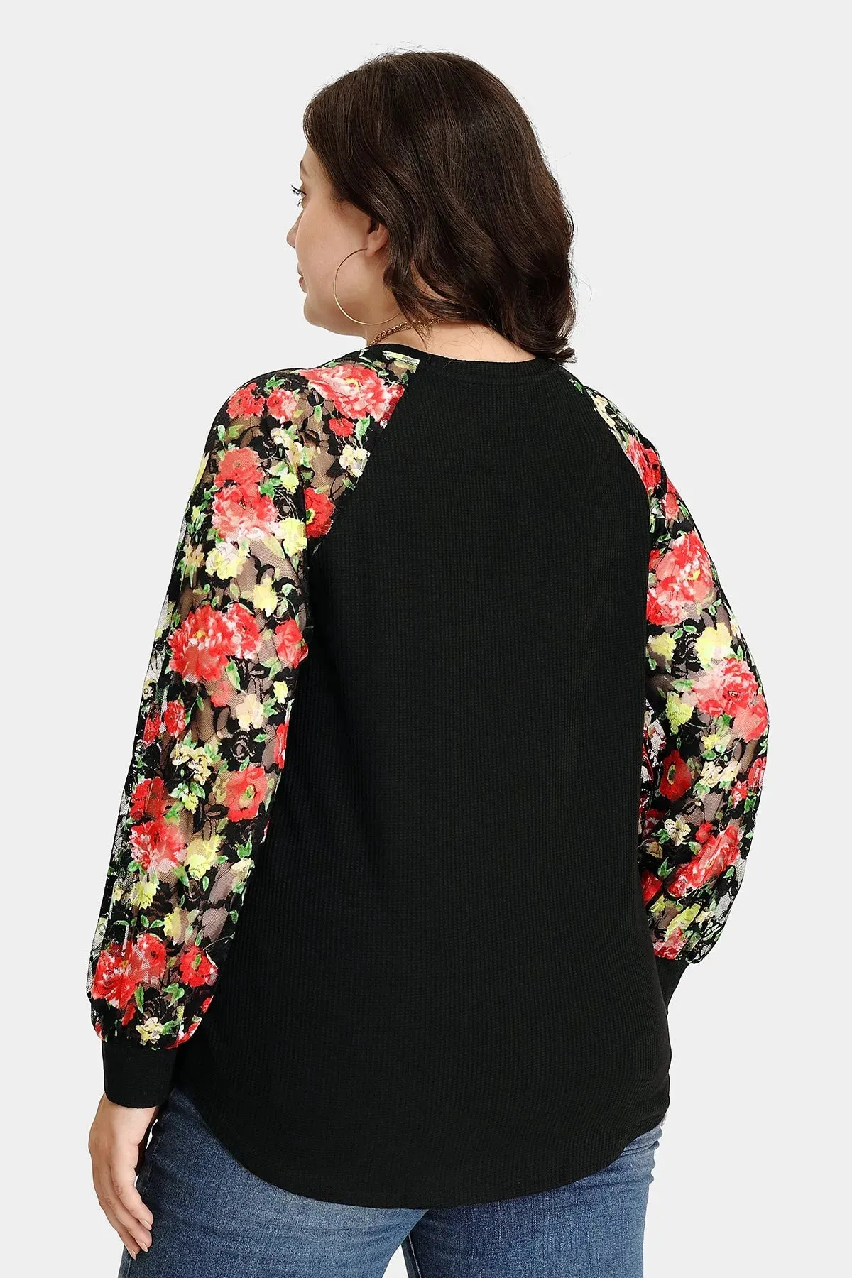 Raglan Stylish Lace Floral Long Sleeves Shirt