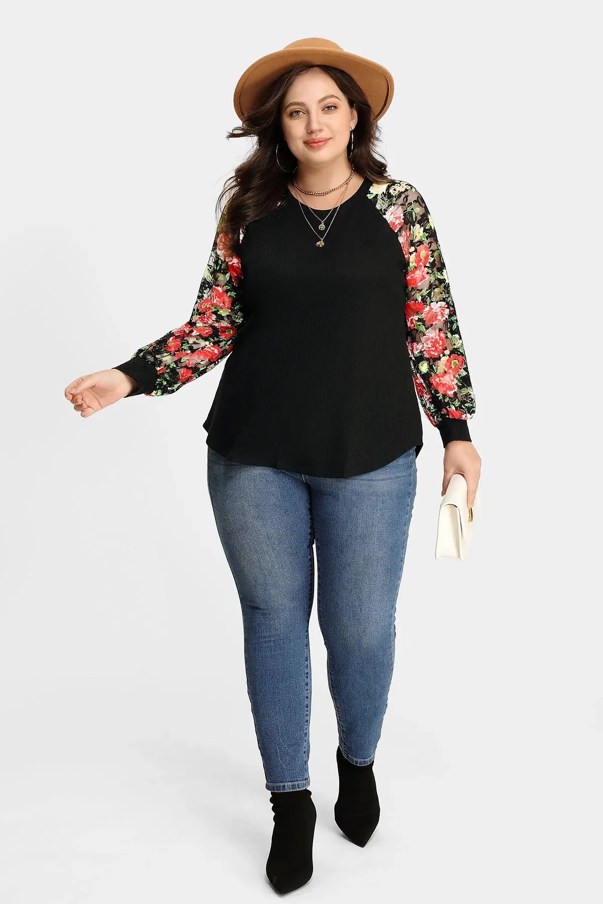 Raglan Stylish Lace Floral Long Sleeves Shirt