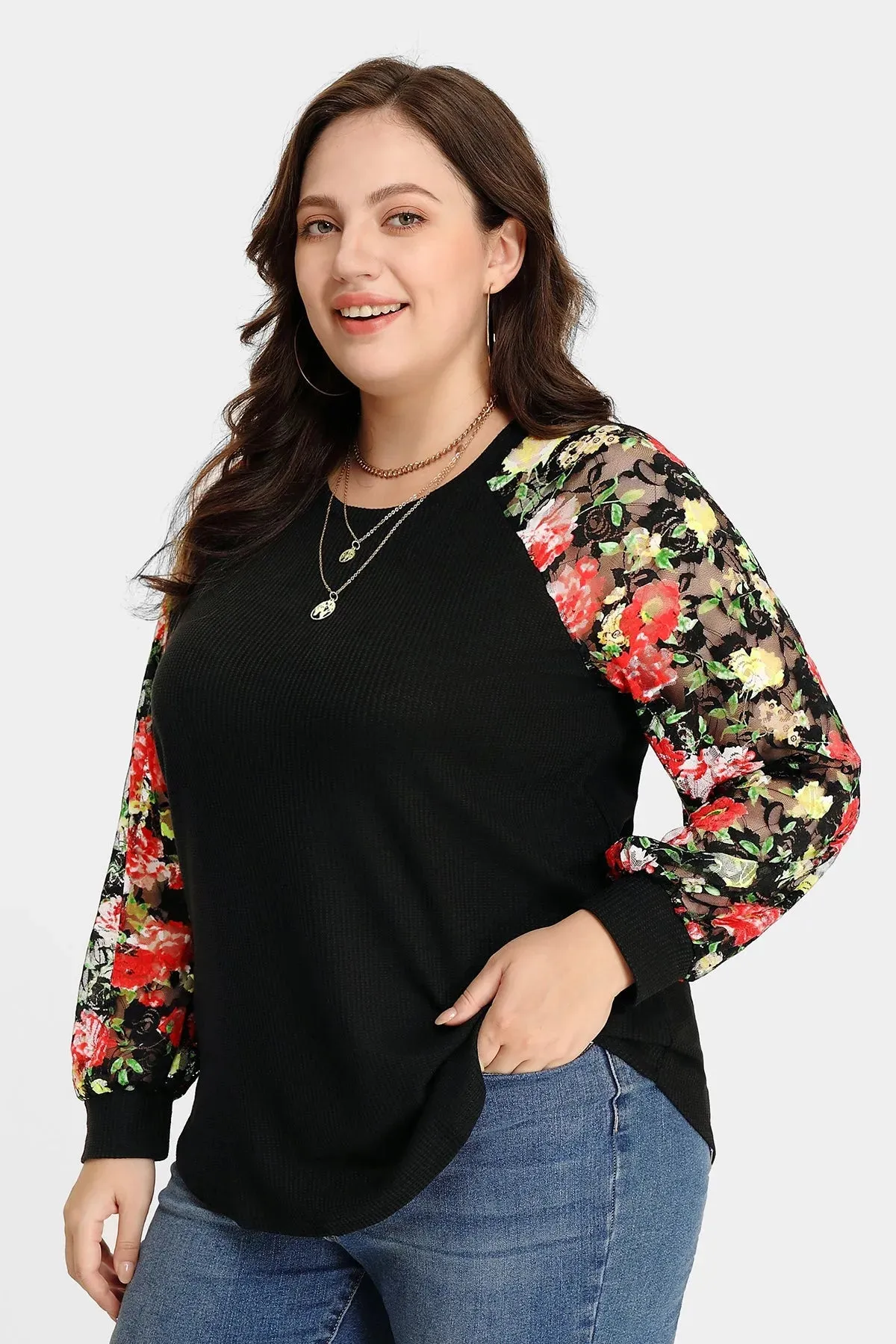 Raglan Stylish Lace Floral Long Sleeves Shirt