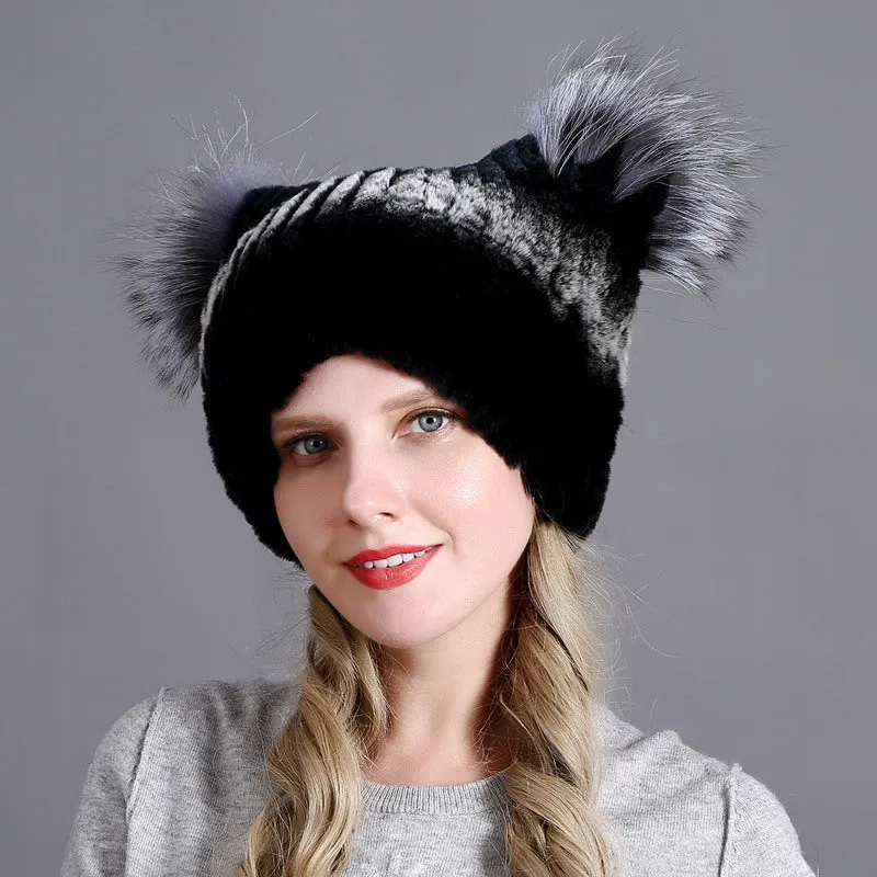 Rex rabbit fur hat ladies winter thickening warm ear protection cold cat ear hat