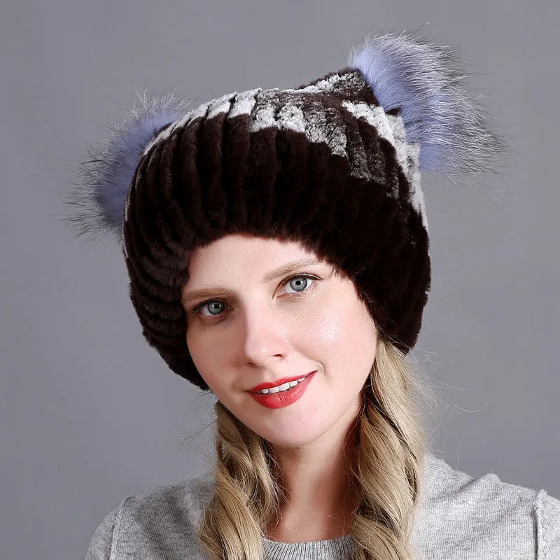 Rex rabbit fur hat ladies winter thickening warm ear protection cold cat ear hat